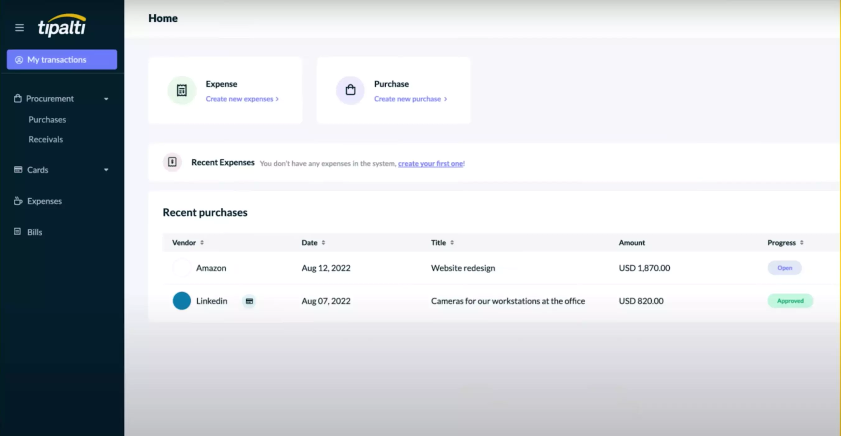 Tipalti Platform Dashboard Interface