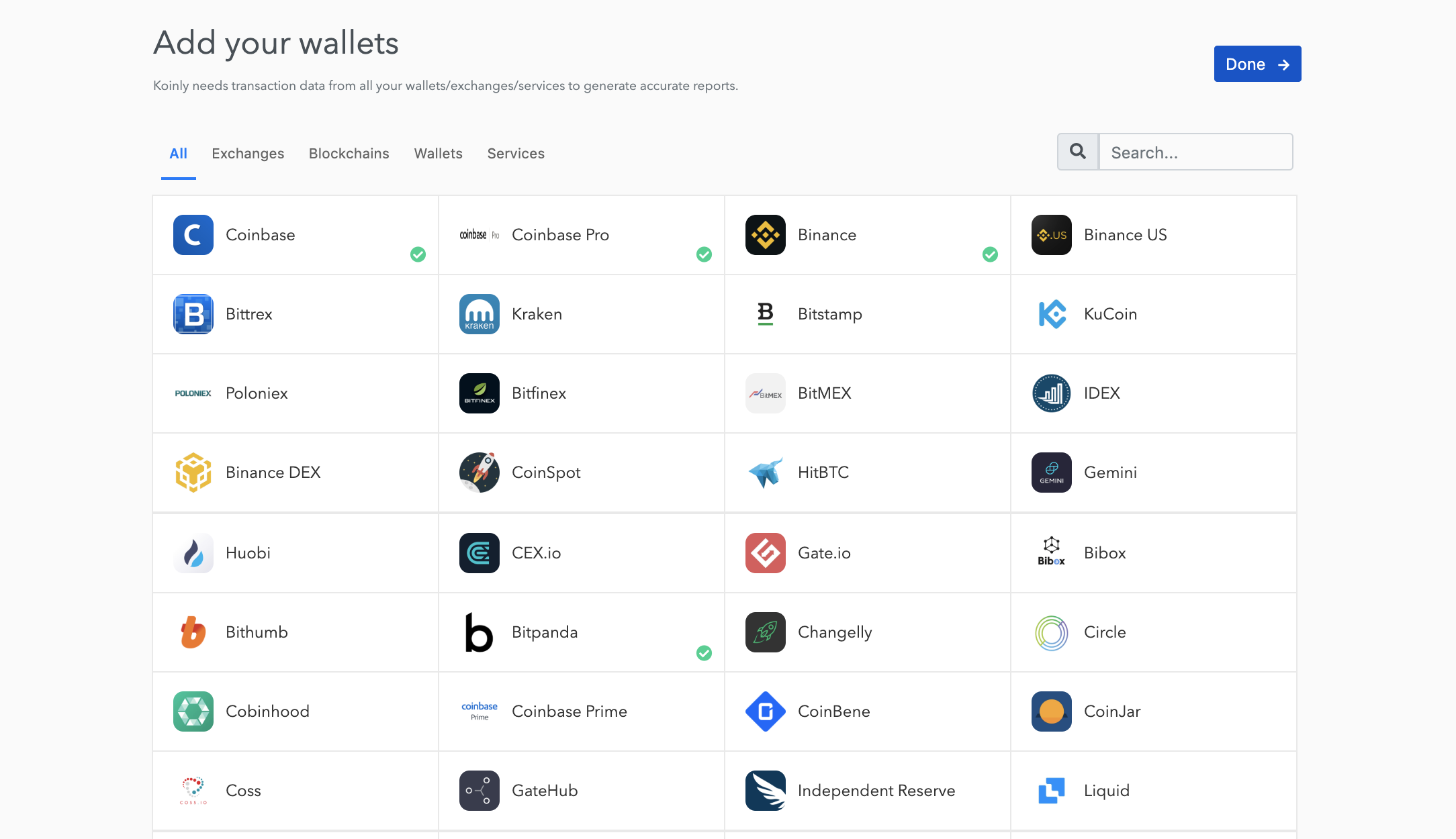 Koinly wallet connection interface