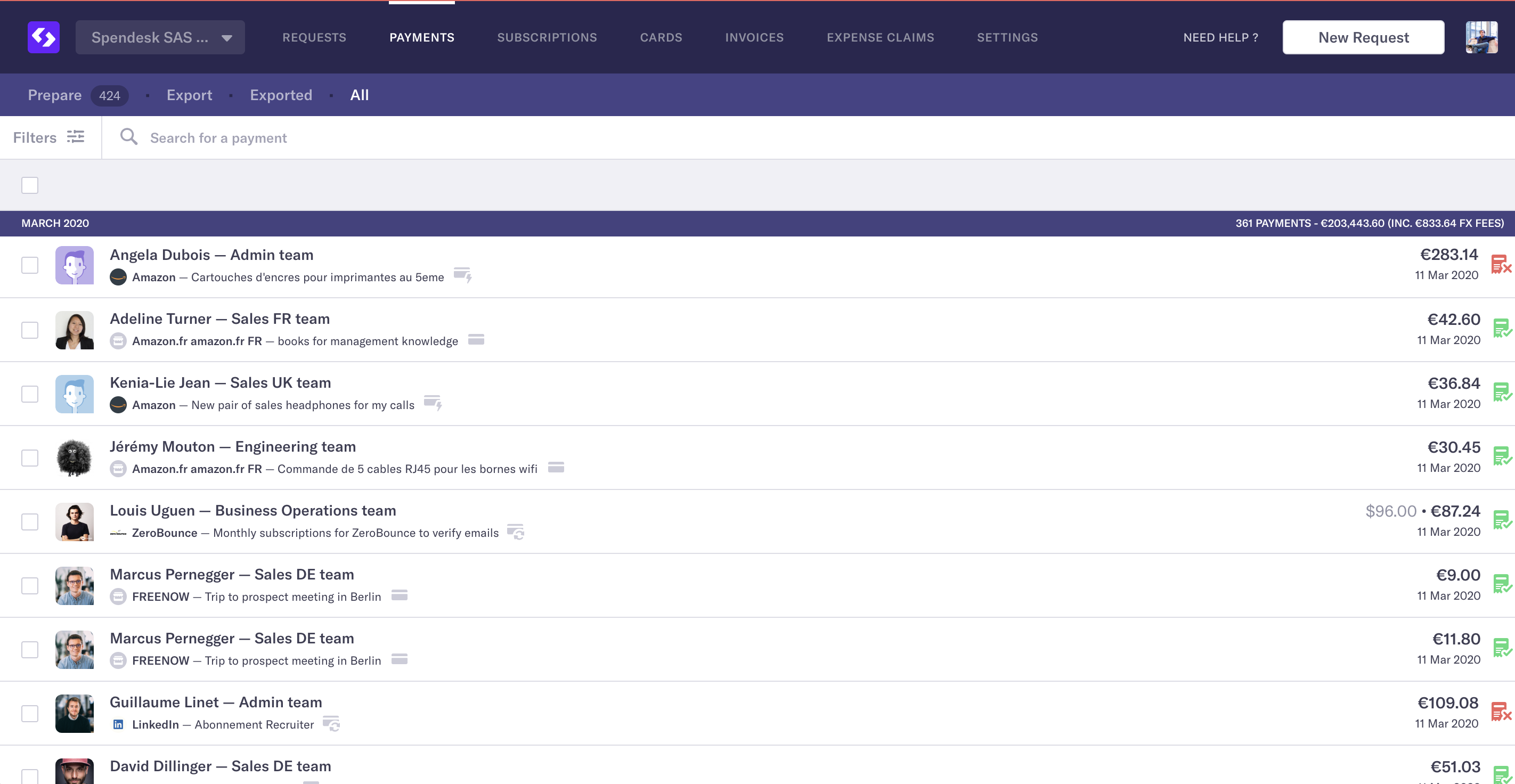 Spendesk Teams Payment Dashboard
